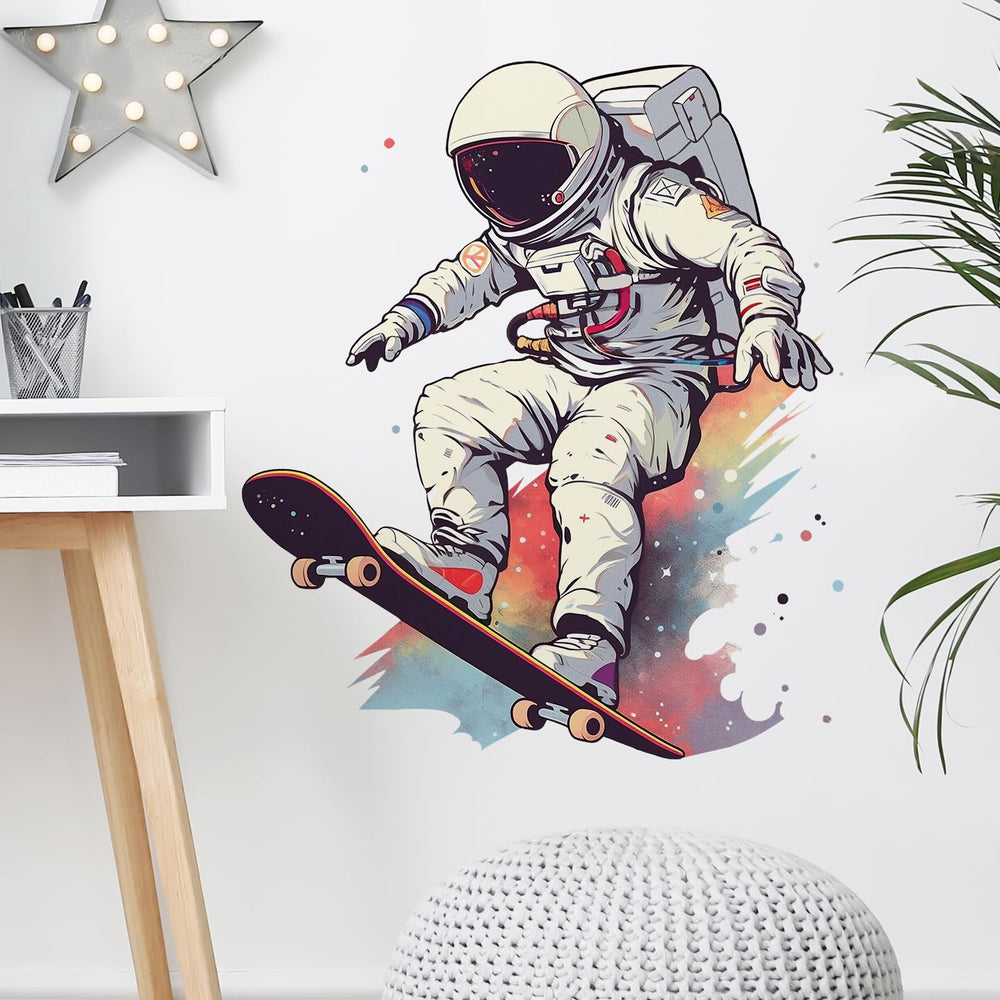 Royolam skater astronaut wall sticker brightens playroom walls for imaginative play.