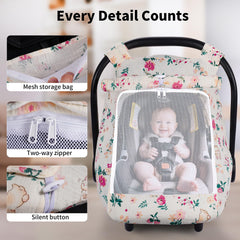 Rquiet car seat cover canopy with Velcro straps stays clear of baby's face.