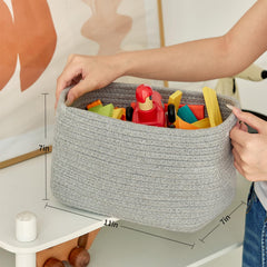 R RUNKA small cotton rope basket side view ideal for cosmetics organization on a vanity.