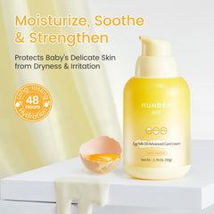 RUNBEN Egg Yolk Oil cream application demonstrates rich moisture for daily infant care.