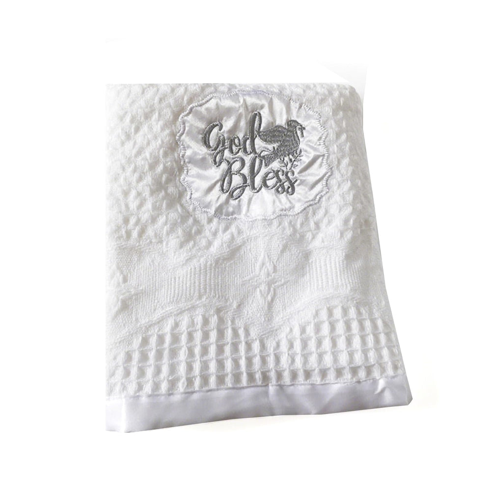 Runeaoys Baptism Blanket white knit with embroidery; ideal for church photo sessions.