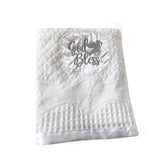 Runeaoys Baptism Blanket white knit with embroidery; ideal for church photo sessions.