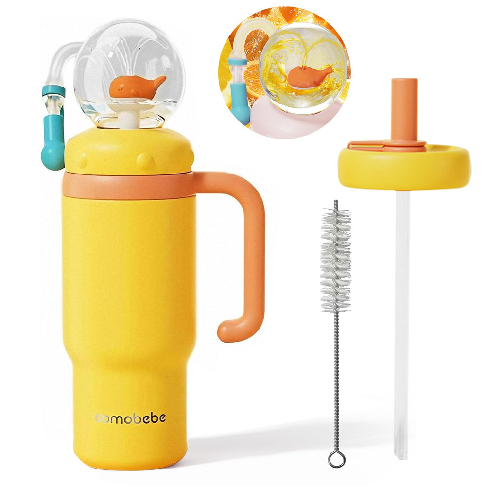 RUNSUNTUN Whale Fountain Tumbler front view in orange, showcasing durable stainless steel.