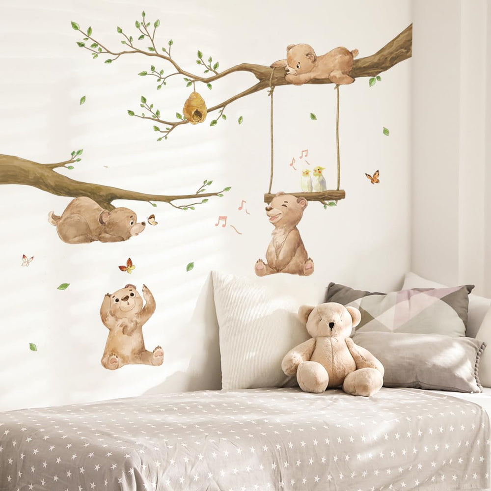 Runtoo bear wall sticker forest scene enhances kids room decor and imaginative play.