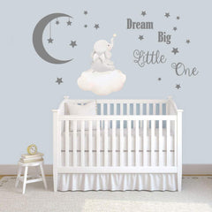 Runtoo Dream Big Little One nursery decor creates a focal point with playful elephant and uplifting words.