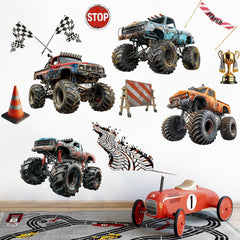 Runtoo finish line and trophies wall decals create dynamic bedroom focal points.