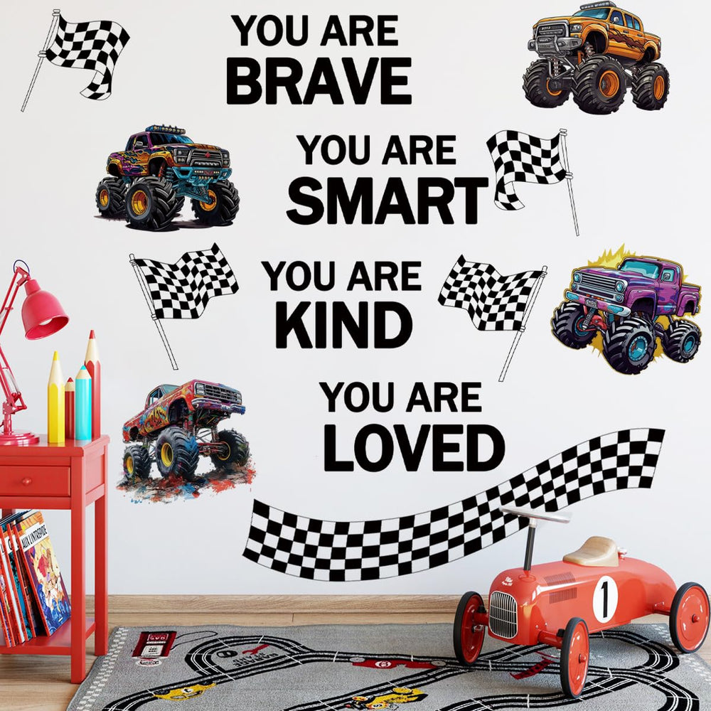 Runtoo Monster Truck wall decal shows trucks and finish line to spark playtime imagination