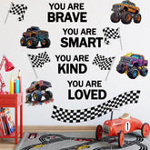 Runtoo Monster Truck wall decal shows trucks and finish line to spark playtime imagination