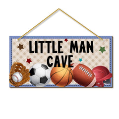 Rutiyoka Little Man Cave door sign front view; adds sporty charm to boys' rooms.