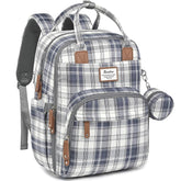 RUVALINO diaper bag backpack blue plaid front view keeps essentials organized on the go