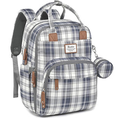 RUVALINO diaper bag backpack blue plaid front view keeps essentials organized on the go