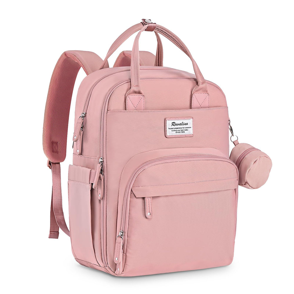 RUVALINO diaper bag backpack front view pink, stylish travel organizer for parents on the go