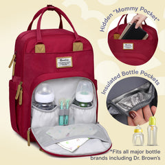 RUVALINO Diaper Bag Backpack side view highlights insulated bottle pockets for 5–11 oz bottles.