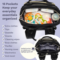 RUVALINO diaper bag backpack laptop-pocket keeps small devices organized on the go.