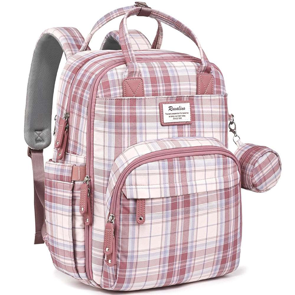 RUVALINO diaper bag backpack pink plaid front view with roomy compartments for baby essentials.