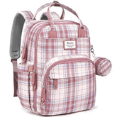 RUVALINO diaper bag backpack pink plaid front view with roomy compartments for baby essentials.