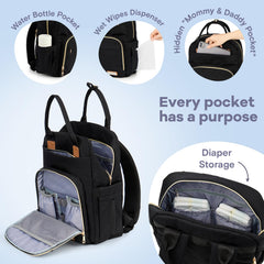 RUVALINO diaper bag backpack side pocket display highlights easy-to-reach bottle storage.