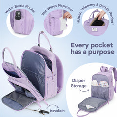 RUVALINO diaper bag backpack taro purple wide opening for quick access