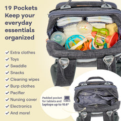 RUVALINO diaper bag changing pad included for quick, clean diaper changes.