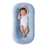 Saanerueen baby lounger blue cover closeup with soft, breathable fabric.