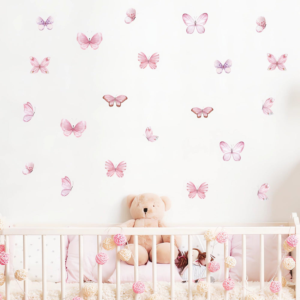 Sacinora pink butterfly wall stickers pack showing six sheets for kids' room decor.