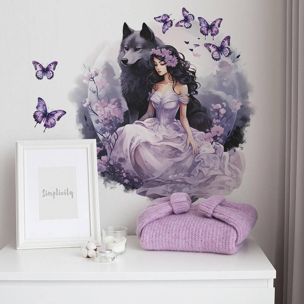 Sacinora purple wolf girl butterfly wall sticker close-up, ideal for kids' room decor and playful inspiration.