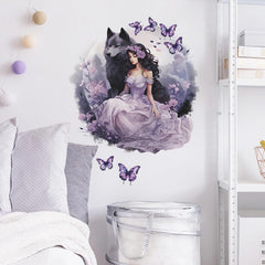 Sacinora purple wolf girl butterfly wall sticker shown on cabinet, showcasing removable and reusable design.