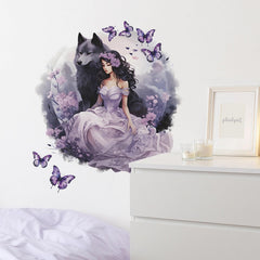 Sacinora purple wolf girl butterfly wall sticker in bedroom scene, enhancing whimsy without installation mess.