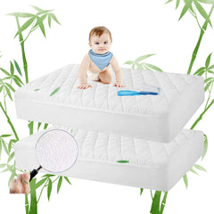 Safe and Sound bamboo crib pad with waterproof backing protects against leaks quietly.