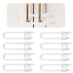 Safeasy 8-pack sliding cabinet locks on a kitchen cabinet for child safety.