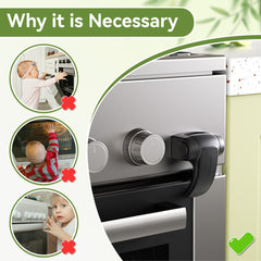 SAFELON oven lock adhesive detail highlights screw-free, surface-friendly installation.