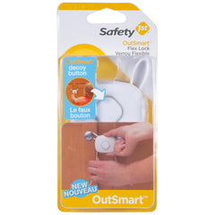 Safety 1st OutSmart Flex Lock decoy button closeup shows kid-safe distraction and secure cabinet protection.