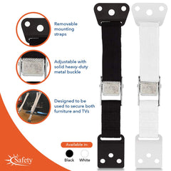 Safety Innovations black anti-tip strap closeup shows rugged webbing and buckle.