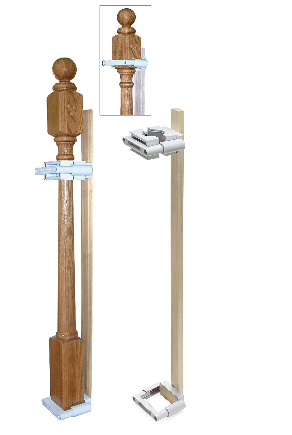 Safety Innovations No Hole Gate Mount clamps attach to a round post without drilling.