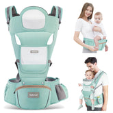 Safotad hip-seat baby carrier in green for secure hip support on the go.
