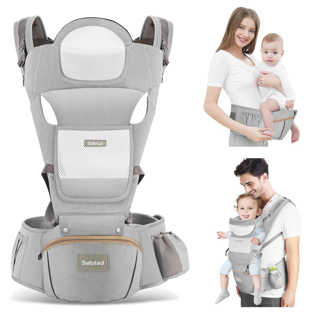 Safotad baby carrier hip seat demonstrates hands-free baby transport for busy parents