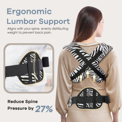 Safotad baby carrier back view demonstrates lower back coverage reducing fatigue during longer strolls.