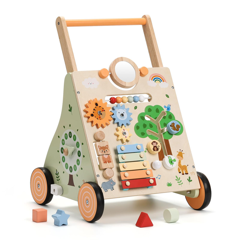 SainSmart Jr wooden baby walker front closeup showing sturdy frame for safe first steps