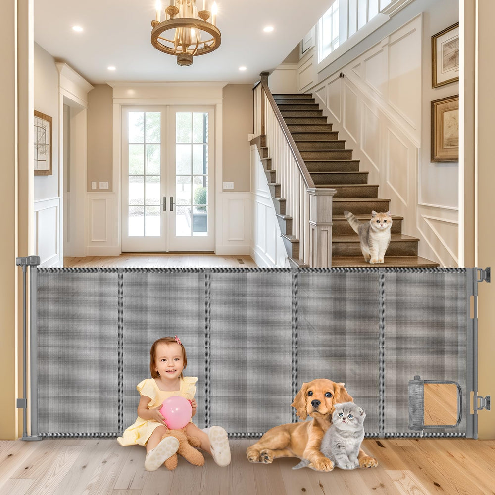 Sair Pet reinforced 90-inch gate side view shows wide opening containment for pets