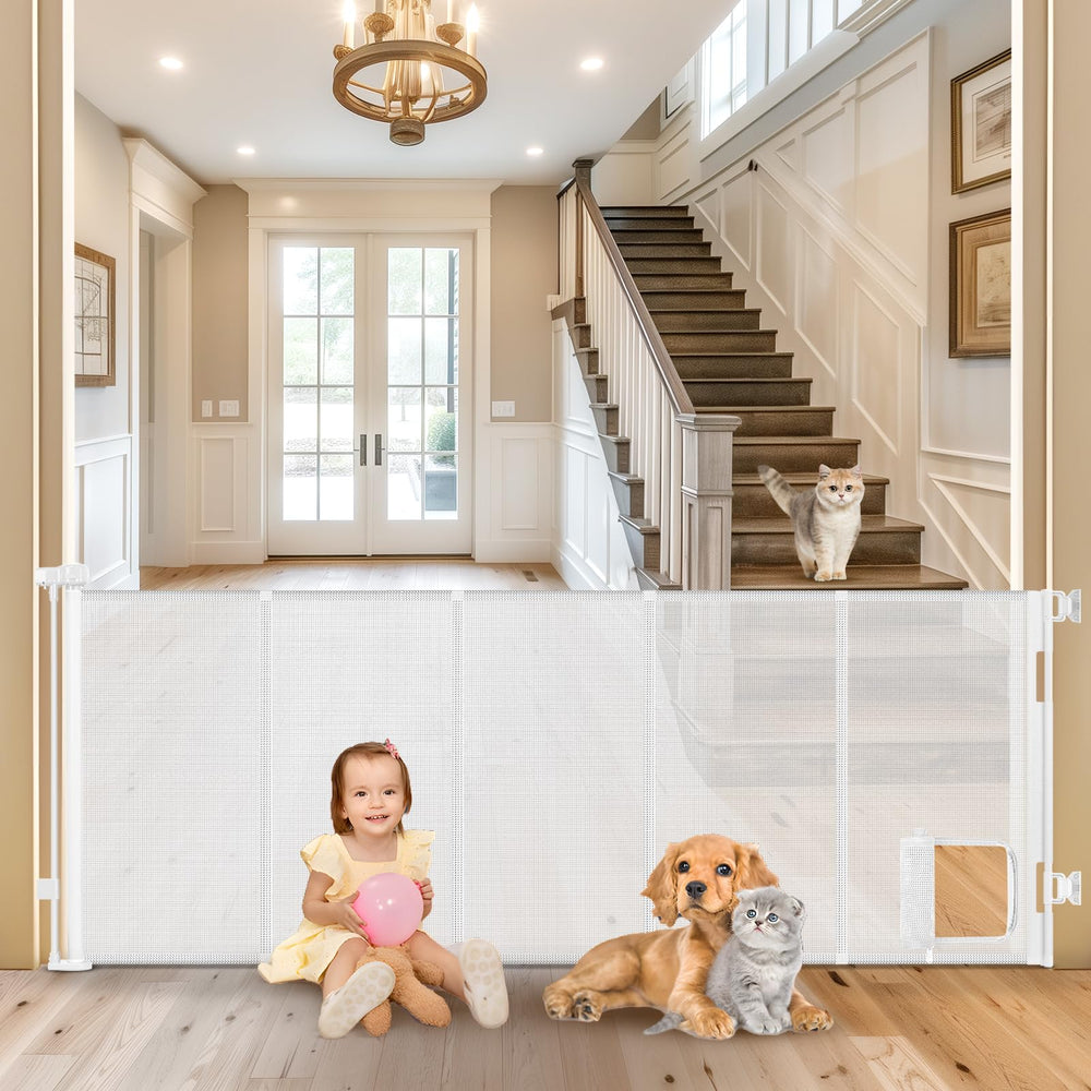 Sair pet reinforced 90-inch gate with cat door keeps pets contained.