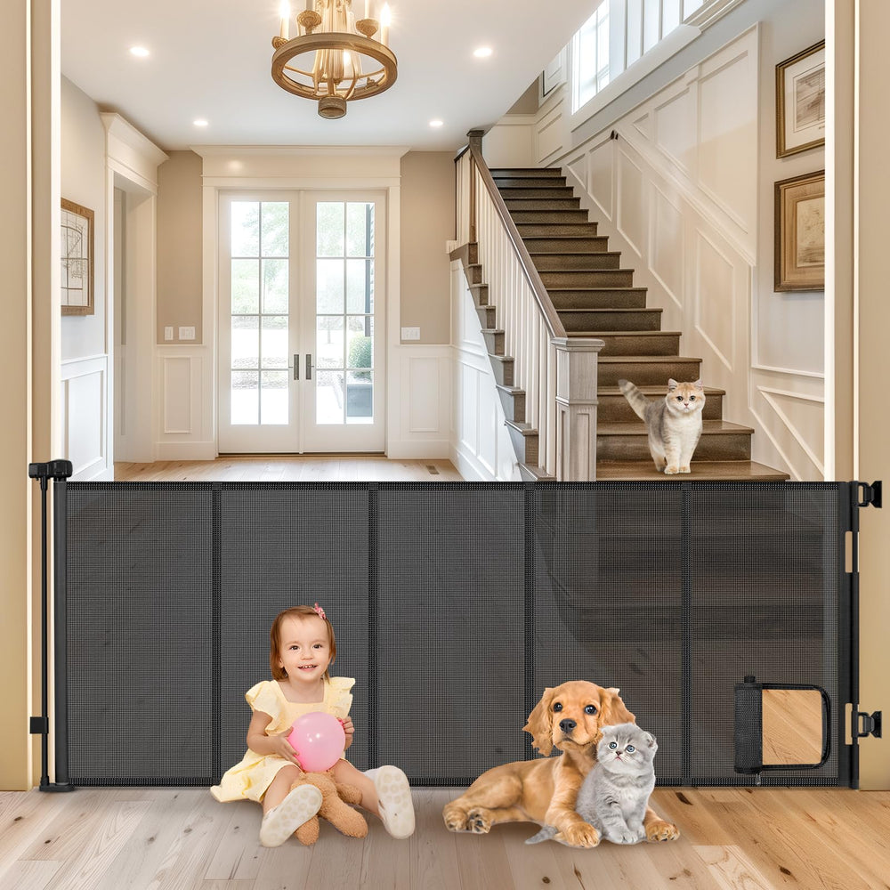 Sair Pet reinforced 90-inch gate with cat door for wide doorway control and pet separation.