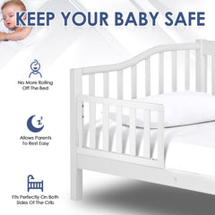 Salcod Toddler Crib Guardrail assembly-white demonstrates easy, tool-free installation.