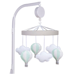 Sammy & Lou hot air balloon mobile with balloons and clouds aiding visual tracking.