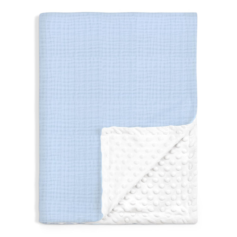 SANDJEST baby blanket muslin front in light blue offers breathable nap-ready comfort.