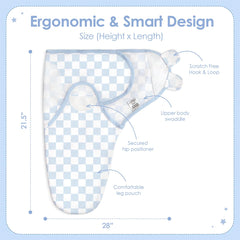 SANDJEST baby swaddle arm-in sleep sack blue fabric highlighting breathable cotton comfort.