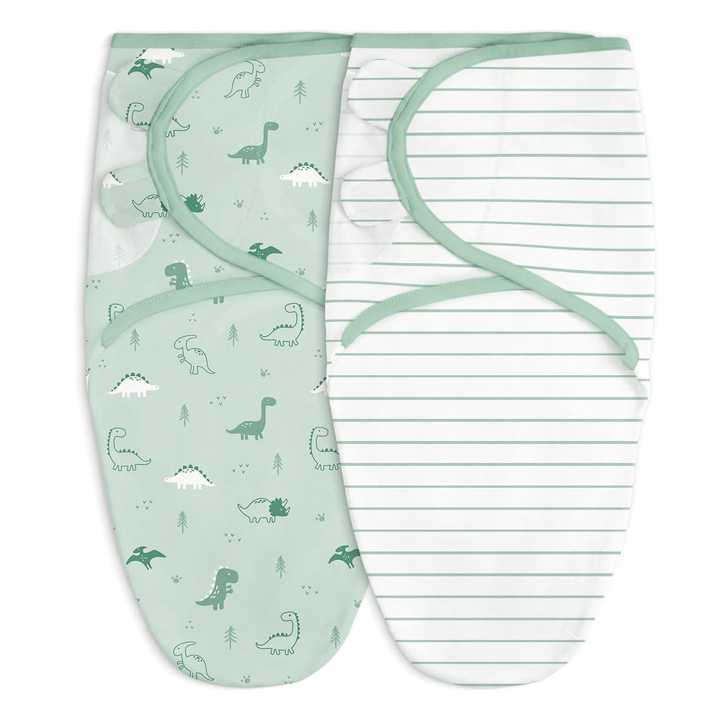 SANDJEST baby-swaddle dinosaur-on-baby shows secure, cozy coverage for newborn sleep.