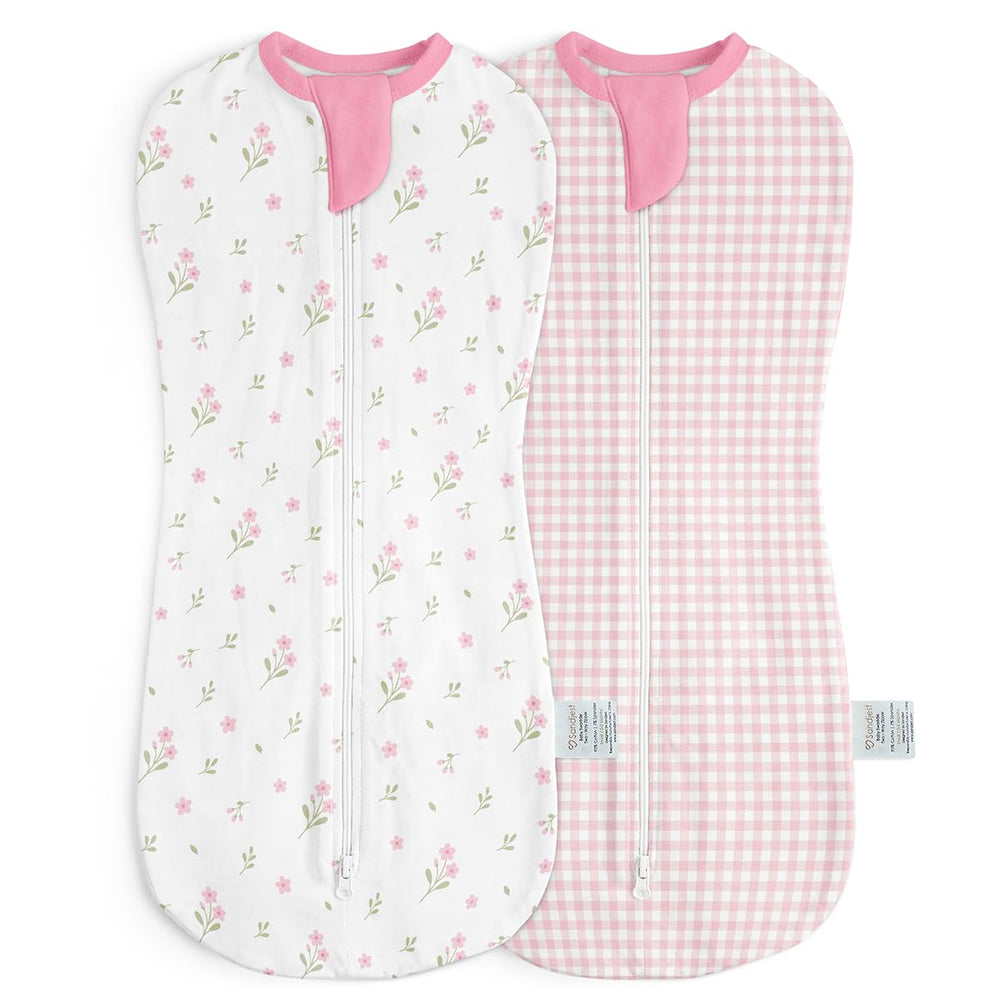 SANDJEST baby swaddle floral-pattern image promotes calm sleep and secure cuddling.