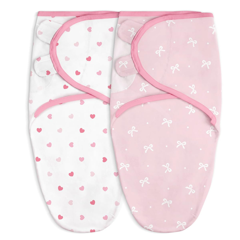 SANDJEST baby-swaddle-heart-bow-pack2-01 showcases heart and bow design for secure, soothing sleep for newborns