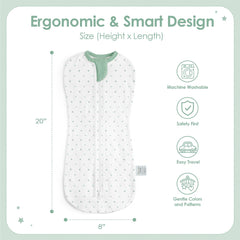 SANDJEST swaddle in polka dots provides breathable comfort.