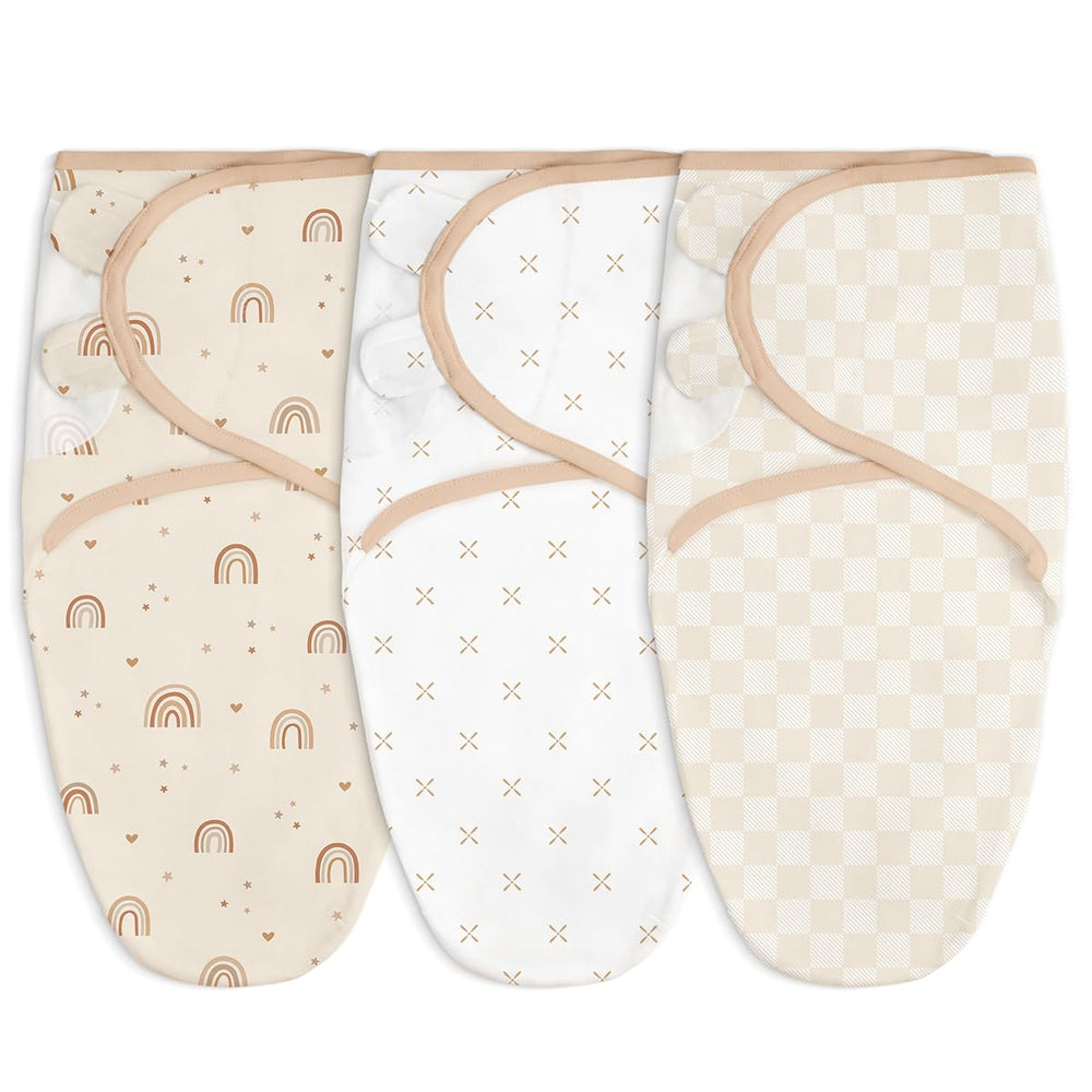 SANDJEST rainbow baby swaddle promoting cozy, secure nap time.